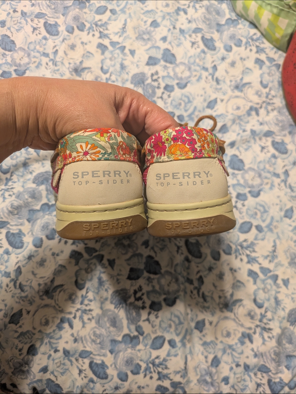 Sperry Women’s Tan Boat Shoes with Floral Trim - Pink Accents - Picture 3 of 6